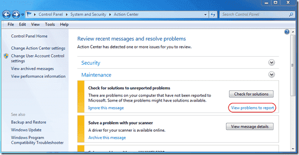 Action Center View Problems to Reports