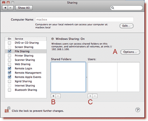 MAC Windows sharing - Sharing pane