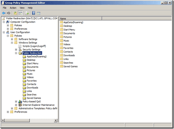 GPMC in Windows 7 Showing Folder Redirection