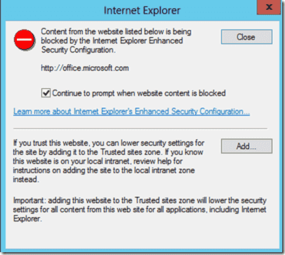 Internet Explorer Enhanced Security Configuration dialog box