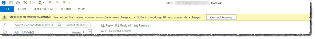 Metered network warning in outlook исправить