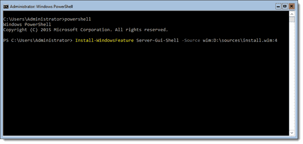 Install the GUI on Windows Server 2016 Server Core using PowerShell