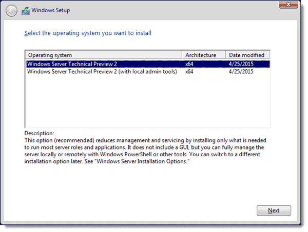 Windows Server 2016 - Select the operating system you want to install