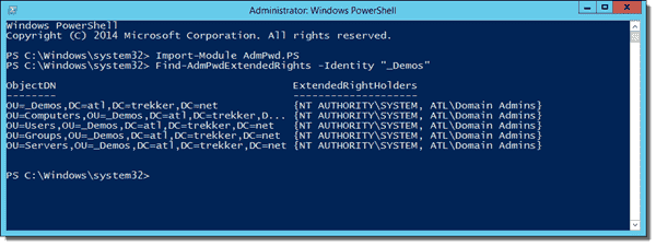 Find-AdmPwdExtendedRights output example