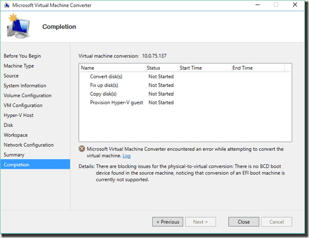 Microsoft Virtual Machine Converter encountered an error while attempting to convert the virtual machine