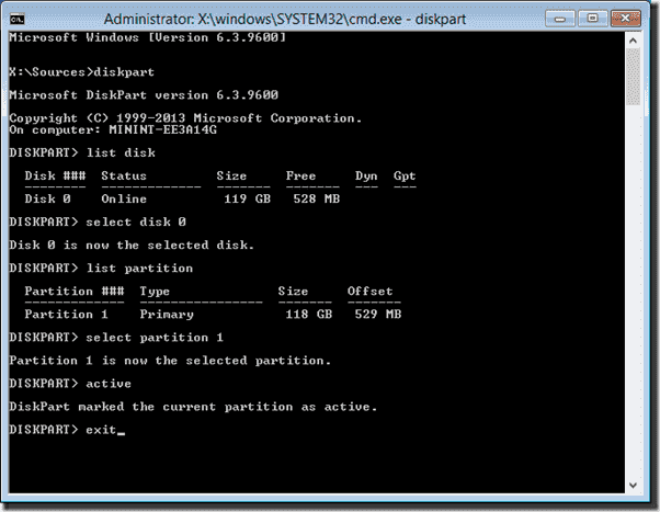 Use diskpart to make the partition active