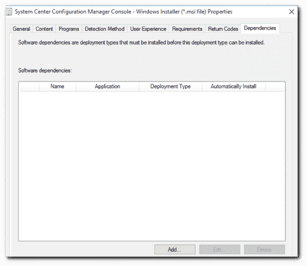 Adding a dependency to a SCCM application.