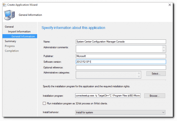 Configuring the installation program for the SCCM Console.