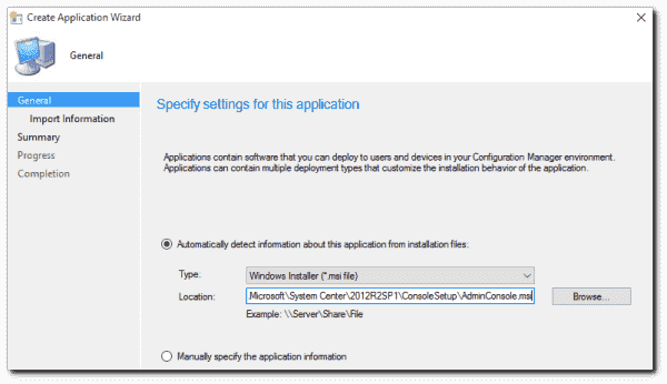 Specifying the AdminConsole.msi for the installation file.