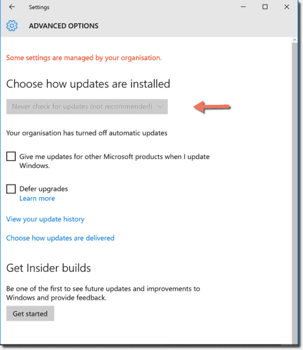 The Never check for automatic updates settings in Windows 10