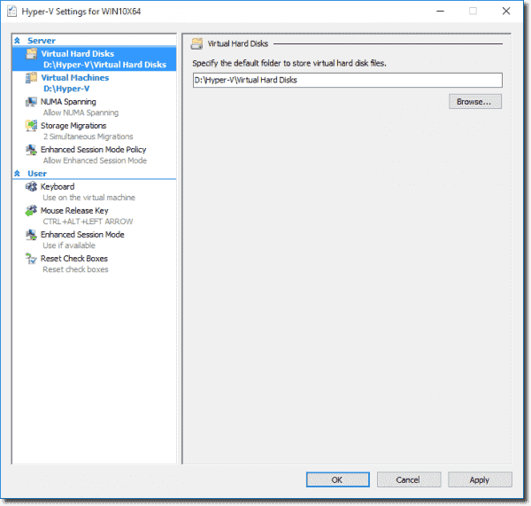 Changing the default storage location for Virtual Hard Disks and Virtual Machines