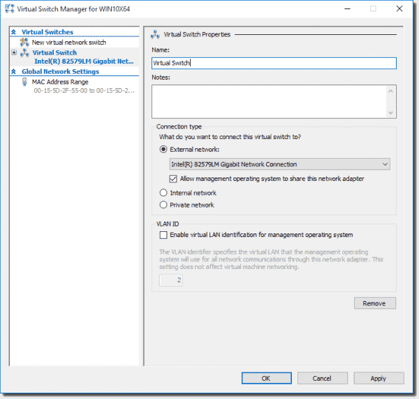 Create a new External virtual switch in Hyper-V on Windows 10