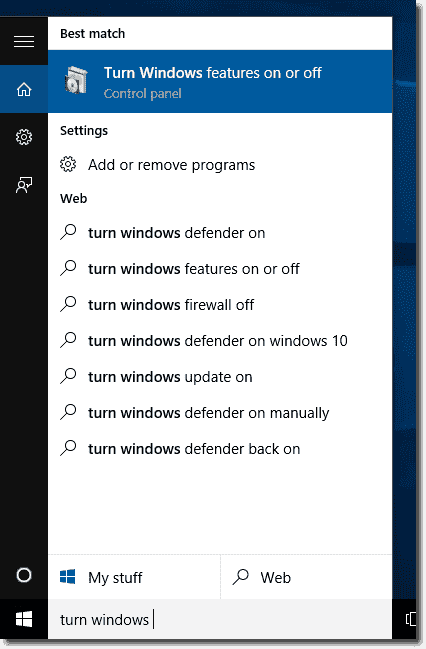 Turn Windows features on or off in the Cortana search box