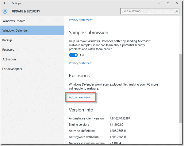 Windows Defender settings in Windows 10