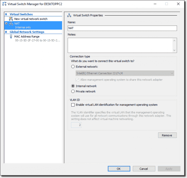 NAT virtual switch in Hyper-V Virtual Switch Manager