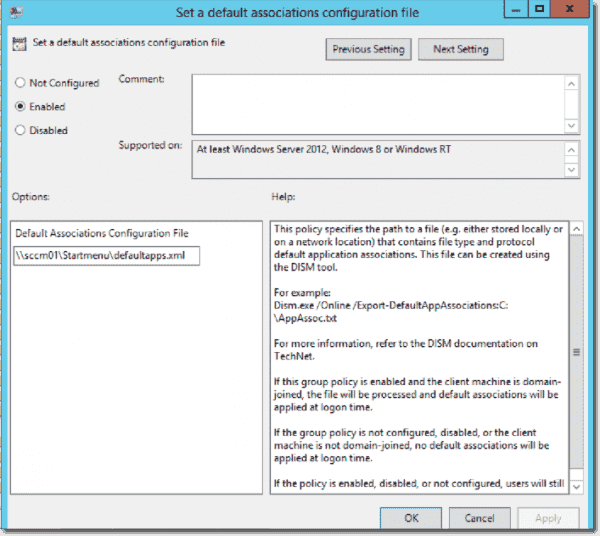 Set a default associations configuration