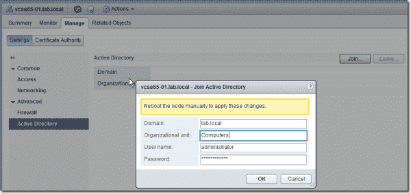 Reboot after joining vCenter to Active Directory