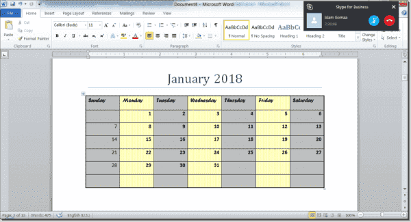 Word document calendar page created by PowerShell