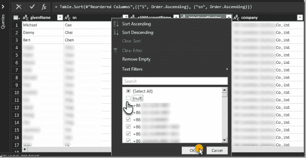 Deselecting (null) values for the telephoneNumber