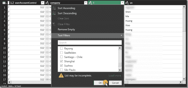 Select the desired cities in the column context