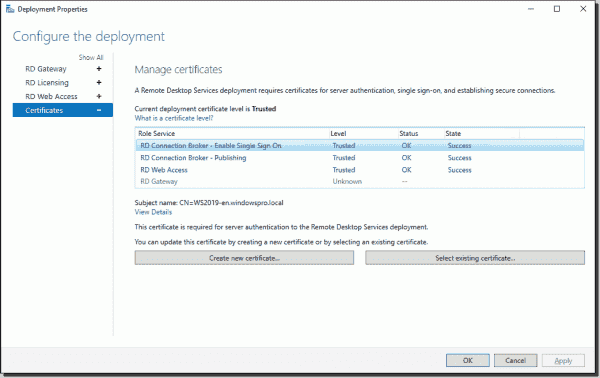 The certificate for the Web Client must be the same as the certificate assigned for SSO in RD Broker