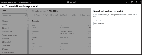 Create a new VM checkpoint in Windows Admin Center