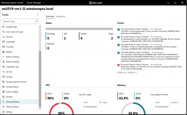 Dashboard for Hyper V in Windows Admin Center