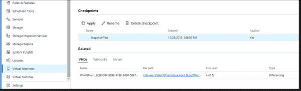 Manage VM checkpoints in the web interface of Admin Center