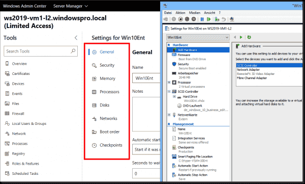 VM settings in Windows Admin Center and Hyper V Manager