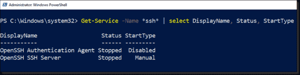 Displaying the startup type and status of SSH services with PowerShell