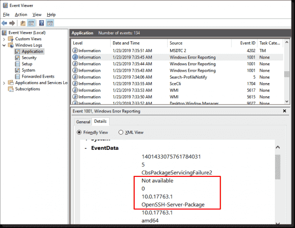 Eventlog entry when adding OpenSSH server as optional component in a WSUS environment