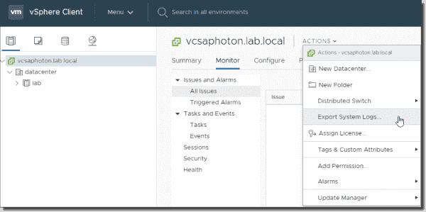 Exporting system logs from VMware vCenter Server