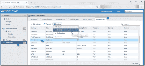 Enable a firewall rule in ESXi Host Client