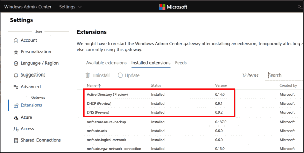 The modules for AD, DNS, and DHCP must be installed via the list of extensions