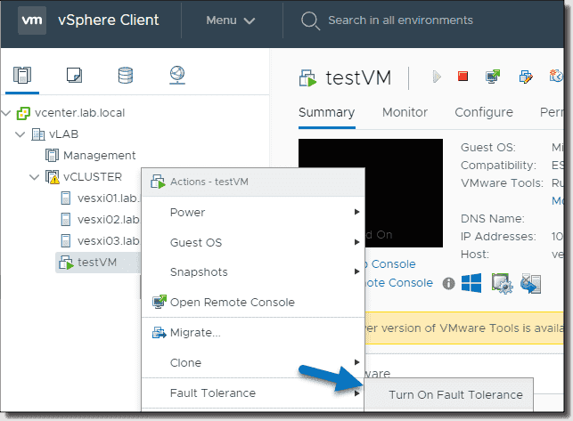 Настройка fault tolerance vmware