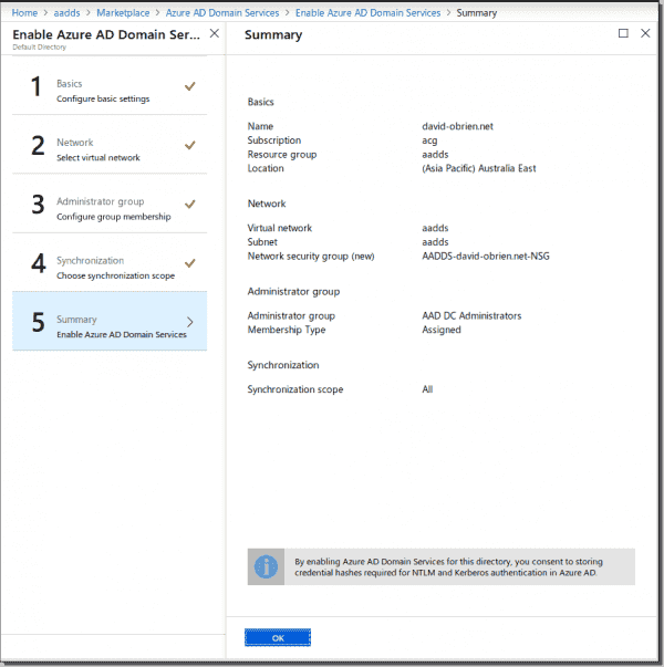 Create the AADDS summary