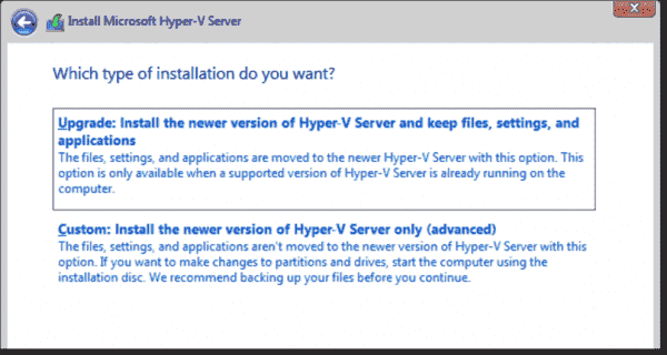 The setup of Hyper V Server 2019 will offer you an in place upgrade that, however, will fail