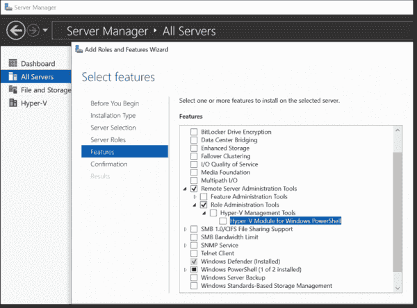 You can use the Server Manager to add Hyper V tools, but Hyper V Manager is not available with it