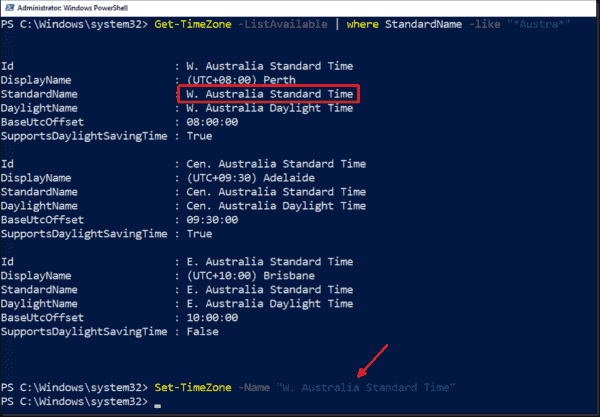 Setting a new time zone using PowerShell