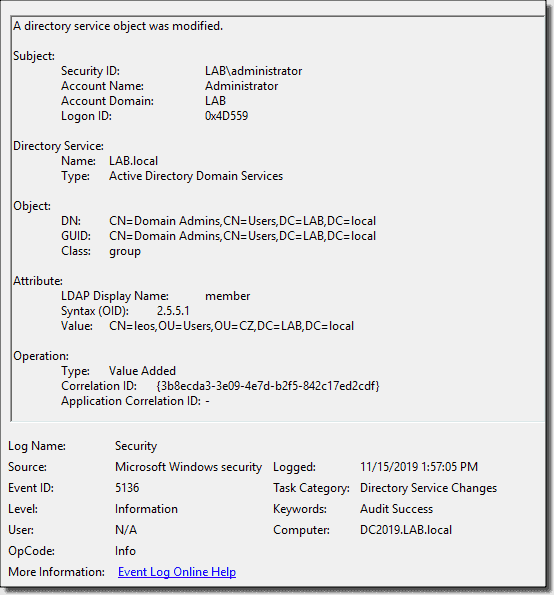 Directory Service changes event 5136