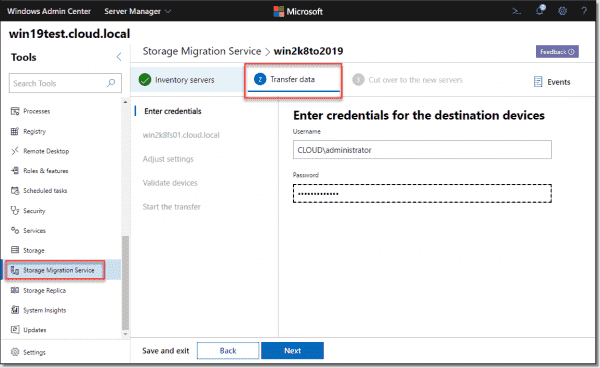 Enter credentials for the Storage Migration target