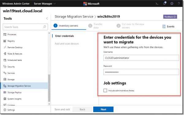 Enter credentials for the source device