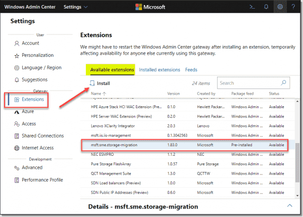 Installing the Storage Migration extension in WAC