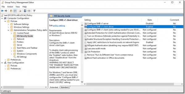 MS Security Guide settings