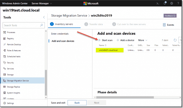 Start scanning the source server with Storage Migration