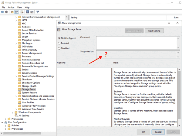 The storagesense.admx file contains invalid references to the ADML file; hence, the GPO editor cannot display the OS version