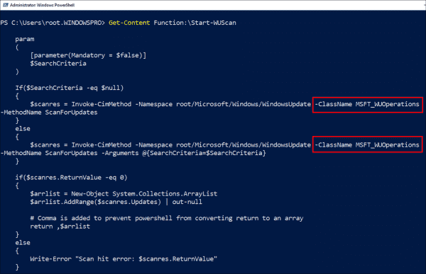 The functions of the WindowsUpdateProvider module use the methods of the CIM class MSFT WUOperations