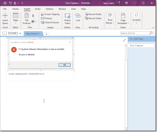 Capturing an error message from OneNote