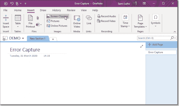 Starting a screen capture from OneNote