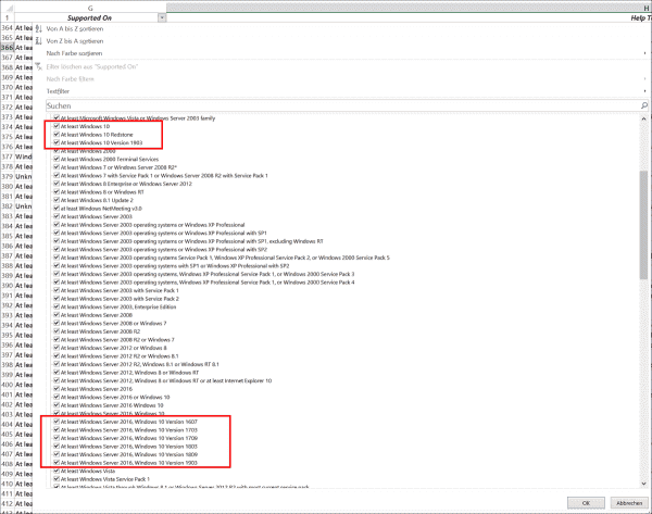 After Windows 10 1903, the Excel table of the Security Baseline no longer gives an exact version number